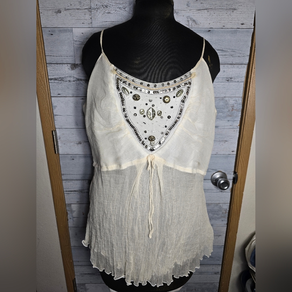 Vtg Bohemian Silk Embellished Cream Tank Top